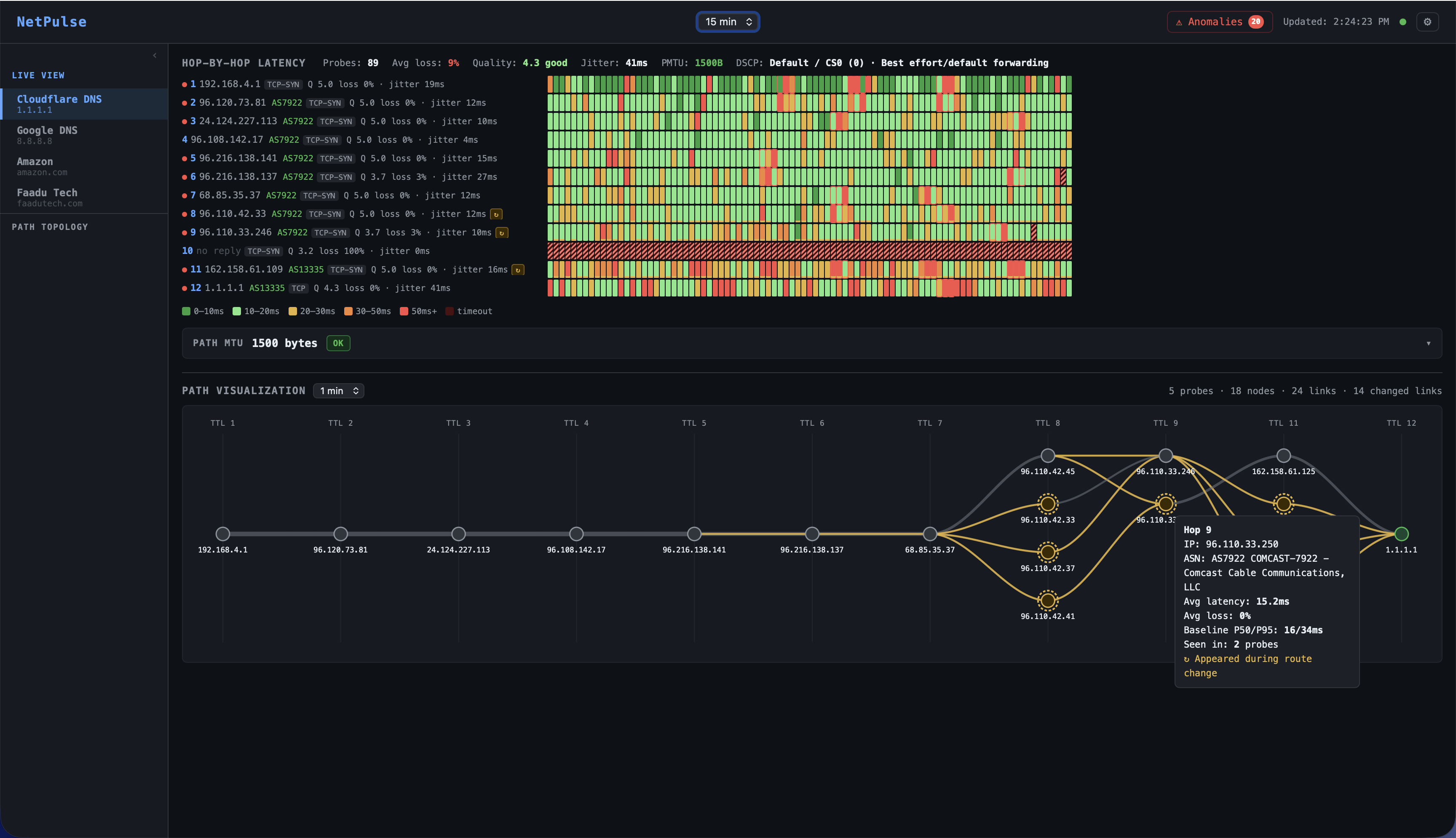 NetPulse path visualization with per-hop latency detail and baseline envelope